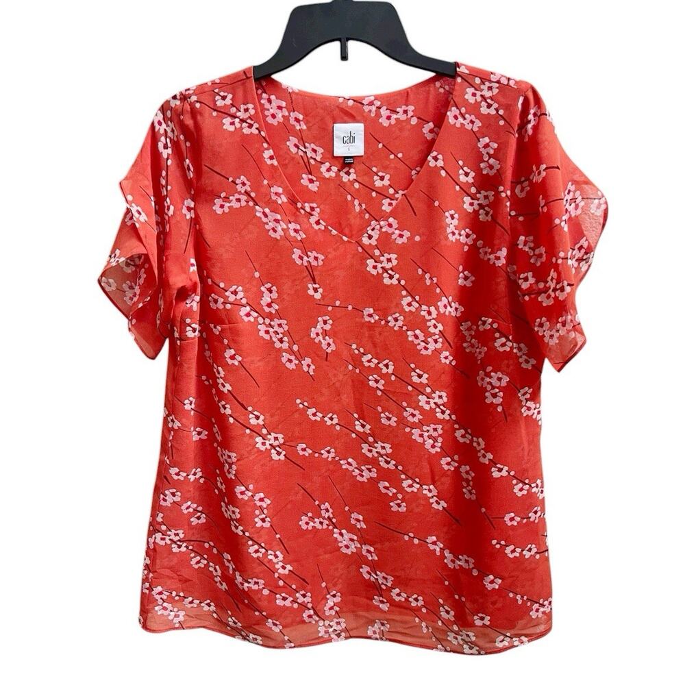 Cabi Cherry Blossom Split Sleeve Chiffon Top Style# 5712 Women’s Sz S V Neck